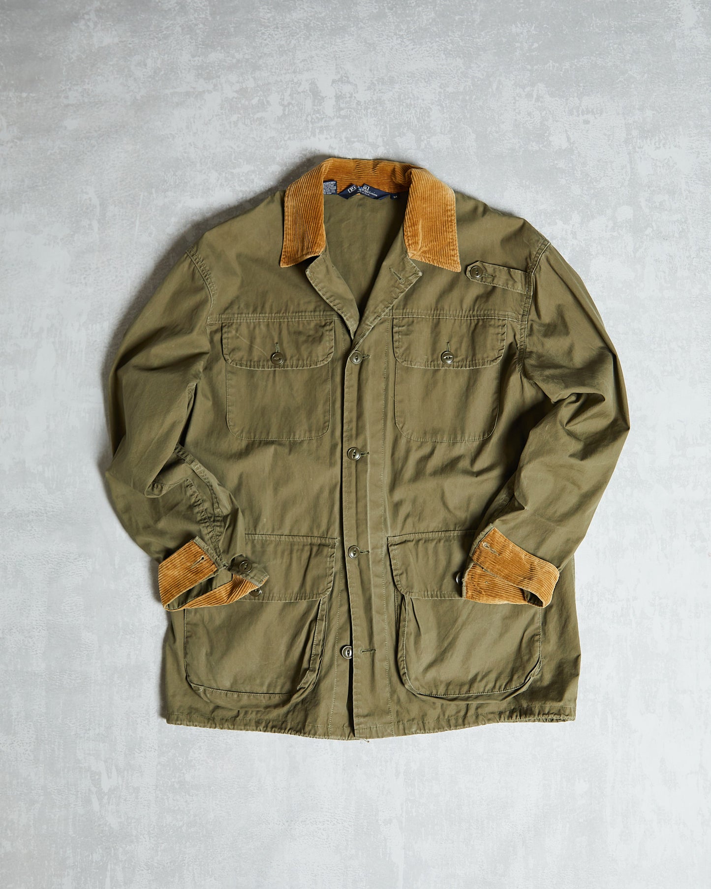 Vintage polo ralph lauren Olive green chore coat with brown corduroy collar and cuffs